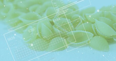 Fototapeta premium Cluster of shell-shaped pasta pieces lying on studio surface, with translucent interface elements