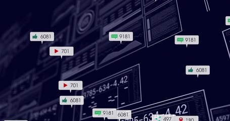 Displaying floating thumbs-up, play-button and comment icons in dashboard grid, with data panels