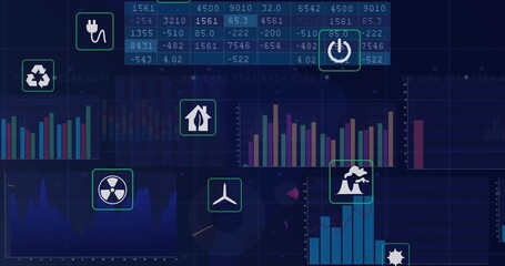 Displaying dashboard showing energy data on dark screen, with recycling, plug icons and bar charts