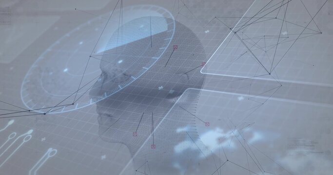 Rotating 3D wireframe human head model in virtual interface, with radar grid overlay, network nodes