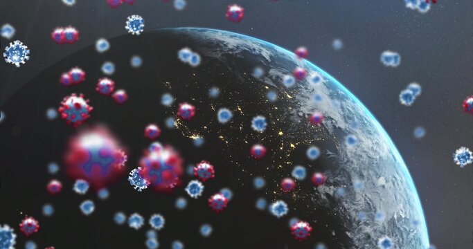Naklejki Revealing Earth orbiting outer space void, with floating blue white red spiked virus particles