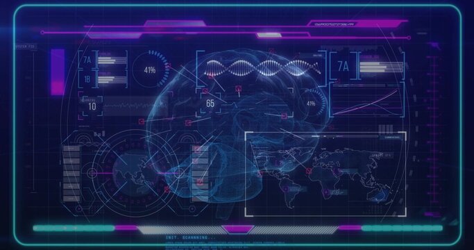 Projecting digital interface displaying 3D brain model at console, with DNA helix and Earth diagram