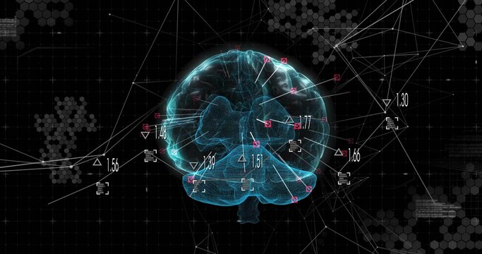 Hovering wireframe brain on grid with numeric labels, triangular square markers, lines and hexagons