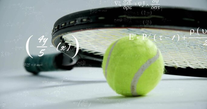 Fototapeta Displaying tennis racket and tennis ball resting on studio floor, with overlaid equations