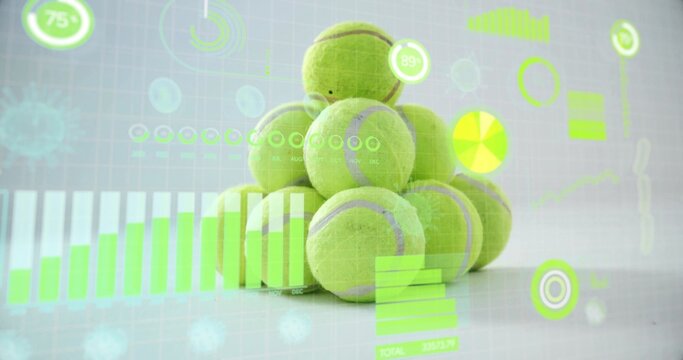Displaying neon green tennis ball pyramid on studio table with bar, line, circle, numeric overlays
