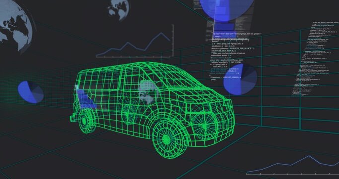 Displaying neon-green wireframe van model in 3D grid, with floating pie charts and code snippets