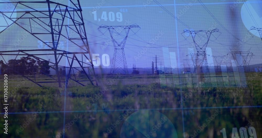 Poster displaying high-voltage towers and power lines crossing grassy plain, with live data overlay charts