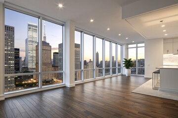 Obraz premium Modern Living Space With Skyline View at Sunset in Urban High-Rise