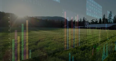 Stickers Heuvel Overlaying bar charts and data panels over crop field, barn, evergreen trees, hills under low sun  © vectorfusionart