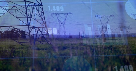 Displaying high-voltage towers and power lines crossing grassy plain, with live data overlay charts