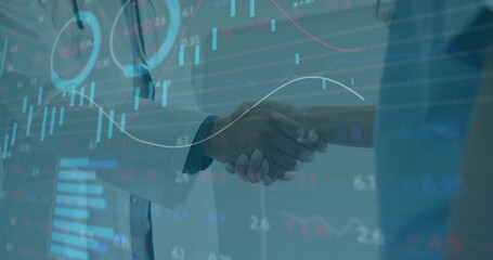 Shaking hands medical duo in scrubs and lab coat with stethoscope at clinic with financial overlay