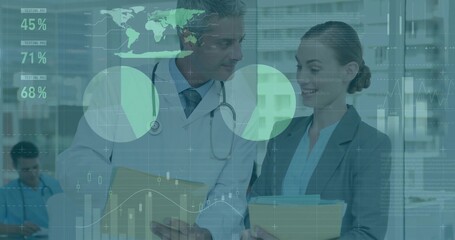 Comparing file folders doctor in white coat with stethoscope and female in office, data overlays