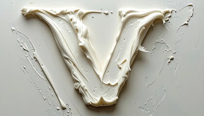 A creamy, textured letter V is formed from artful brushstrokes of off-white paint on a light gray canvas, showcasing a smooth and flowing composition.
