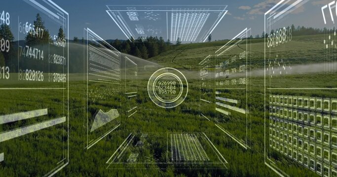 Floating circular digital interface hovering over rural hillside meadow, with numeric data panels