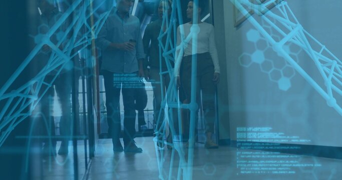 Walking trio in business attire discussing in office, with smartphone and molecular code overlay - Powered by Adobe