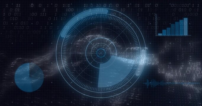 Displaying radar HUD interface on dark grid, streaming particles, binary code, pie chart, bar chart