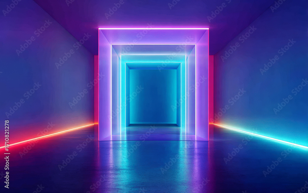 Poster colorful neon light corridor with multiple rectangular frames