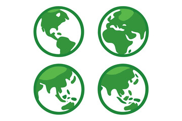 Think green vector icon set. Earth planet symbol. Eco friendly global concept. World map globe illustration. Ecology conservation sign. Save the planet for Earth Day.