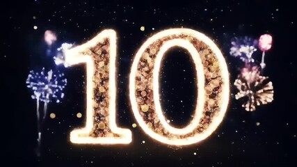 ,Golden sparkling number 10 with festive fireworks display,perfect for anniversaries,celebrations,milestones,or New Year's countdowns