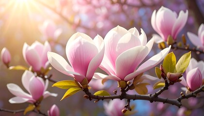 Obraz premium Delicate pink magnolias bloom in soft sunlight, showcasing spring's vibrant beauty.