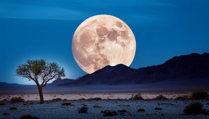 Majestic Full Moon Illuminating A Solitary Tree In The Desert Night Landscape