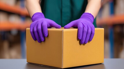 Cargo air transport, A person wearing purple gloves handles a brown box in a warehouse setting, emphasizing safety and attention to detail in packaging or shipping processes.