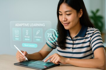 young woman using tablet with adaptive learning software interface. She is focused, the technology assists her studies.