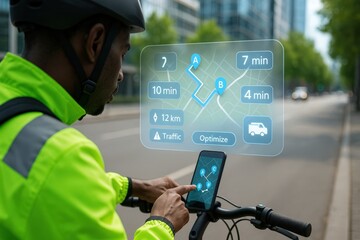 A cyclist on a bicycle with a mobile navigation system