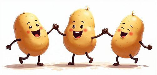 Three cartoon potatoes hold hands and dance joyfully against a white background. Cheerful root vegetables represent friendship fun and healthy eating. Perfect for food related designs.