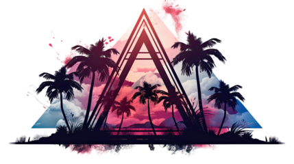 3D triangle retro badge with palm tree silhouettes on white background