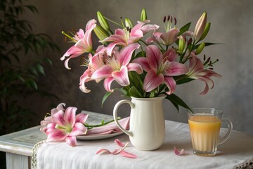 Beautiful Bouquet of Pink Lilies and Fresh Juice on a Table in a Cozy Setting
