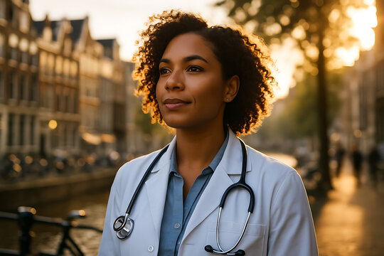 Medical Professional: A portrait of a confident medical professional, gazing into the horizon, standing in front of the architecture and the sun is setting. Capturing dedication and optimism.