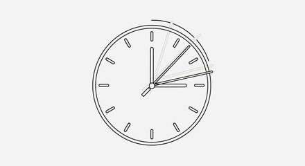 Minimalist black outline clock illustration depicting time change with multiple moving hands and arc.