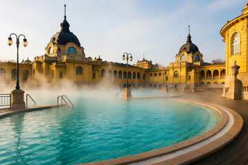 Fototapeta premium Historic thermal bath in Budapest with steaming outdoor pools and grand yellow neo-baroque architecture.