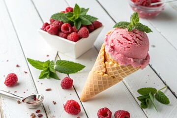 Fresh Raspberry Ice Cream Cone Served With a Bowl of Raspberries