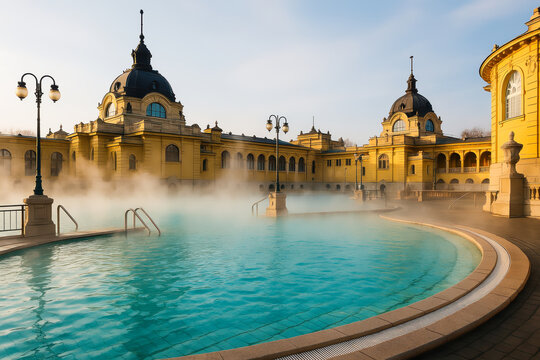 Historic thermal bath in Budapest with steaming outdoor pools and grand yellow neo-baroque architecture.