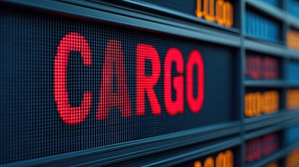 Fototapeta premium Cargo air transport, A close-up of an illuminated digital display showing the word 