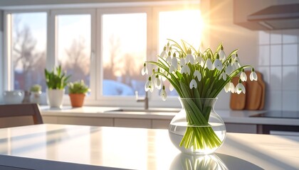 A bouquet of snowdrops in a clear glass vase sits on a white kitchen countertop, bathed in sunlight streaming through the window.