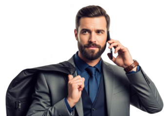 Man in suit talking on phone holding jacket isolated on transparent background