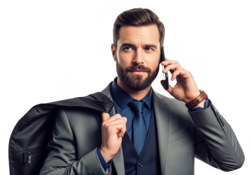 Man in suit talking on phone holding jacket isolated on transparent background