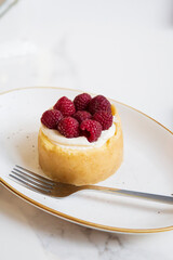 Raspberry Cheesecake on a White Plate.
