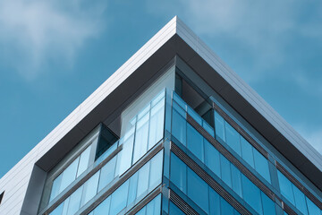 Obraz premium Modern Glass Building Facade Against a Cloudy Sky