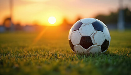 Fototapeta premium Soccer ball sits on field at sunset. Classic football rests in grass. Warm sunlight shines on sport equipment. Game concept. Team sport. Outdoor activity. Training at stadium.