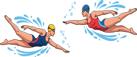 Underwater swimmers in motion, freestyle technique, competitive swimming, athletic form, blue water, bubbles, swim caps, goggles, sports training, fitness