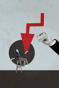 Collage with person observing rising arrow symbolizing startup growth business income statistics trading decrease increase