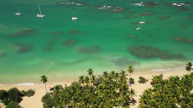 Aerial panorama of Punta Popy Beach &mdash; pristine ocean horizon and tropical beach. Great for cinematic B-roll in films