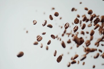 Falling coffee beans isolated, on white background