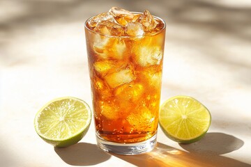 Glass of iced tea with lime on a white surface