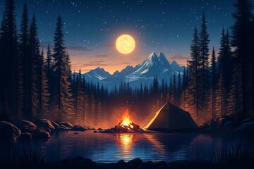 Sunny day camping illustration in flat style