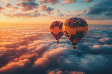 Two brightly colored balloons float gracefully above the clouds during sunset, the concept of adventure and pi-traveling